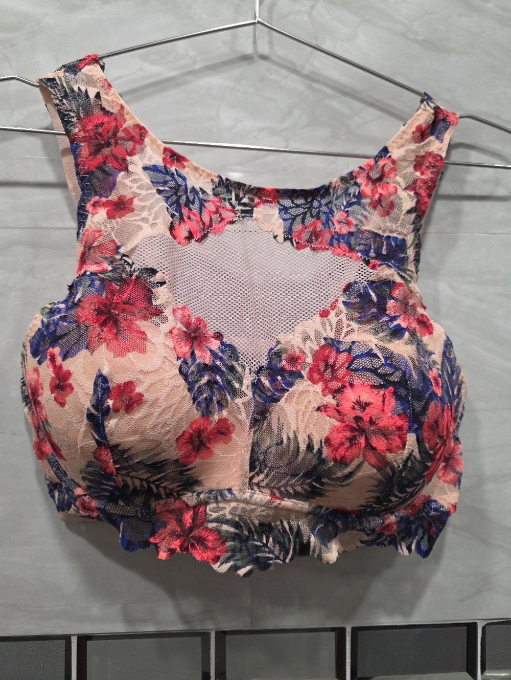 PINK Victoria's Secret Peach Floral Lace Bralette with Pink & Blue Flowers